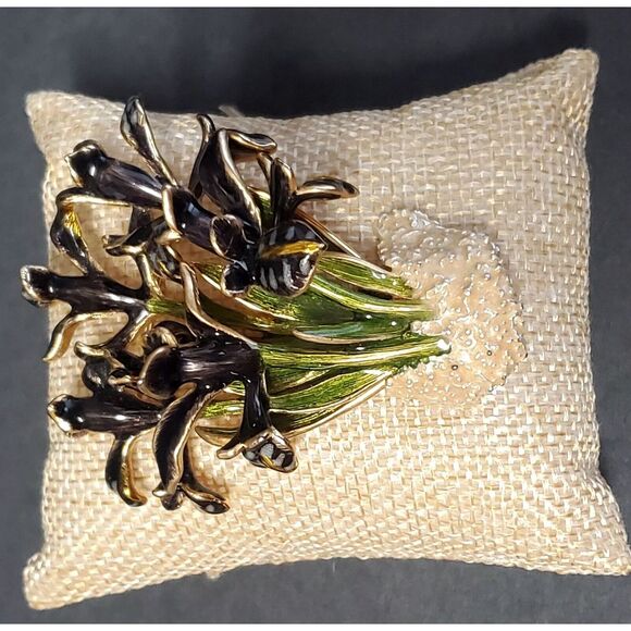 VTG Brooch Enamel Cloisonne Iris Flower Sign World Wide Imports MCM Blk/Grn Pin - Picture 6 of 14